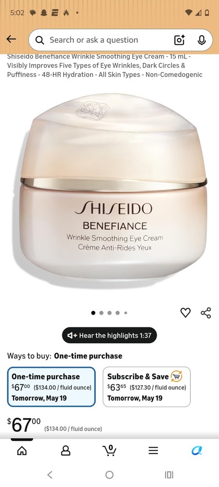 Shiseido Benefiance Wrinkle Anti-Aging Smoothing Eye Cream 0.51oz / 15 ml