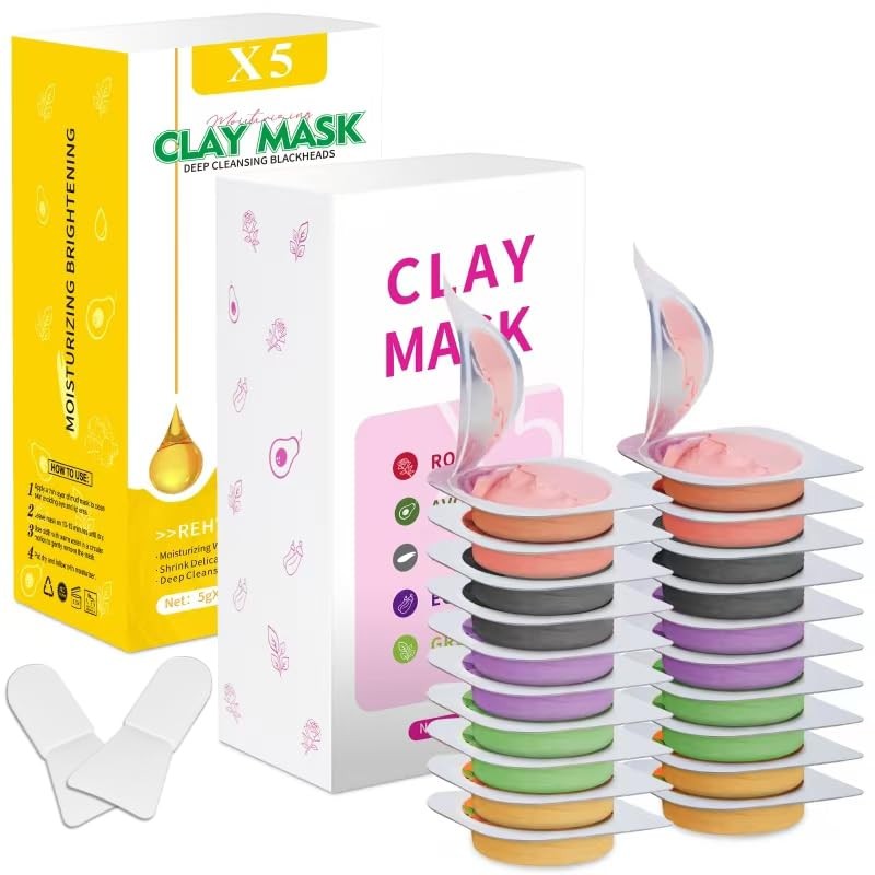 Clay Mask Set 20 Pods, Face Mask Skin Care, Green Tea, Turmeric, Dead Sea Mud…