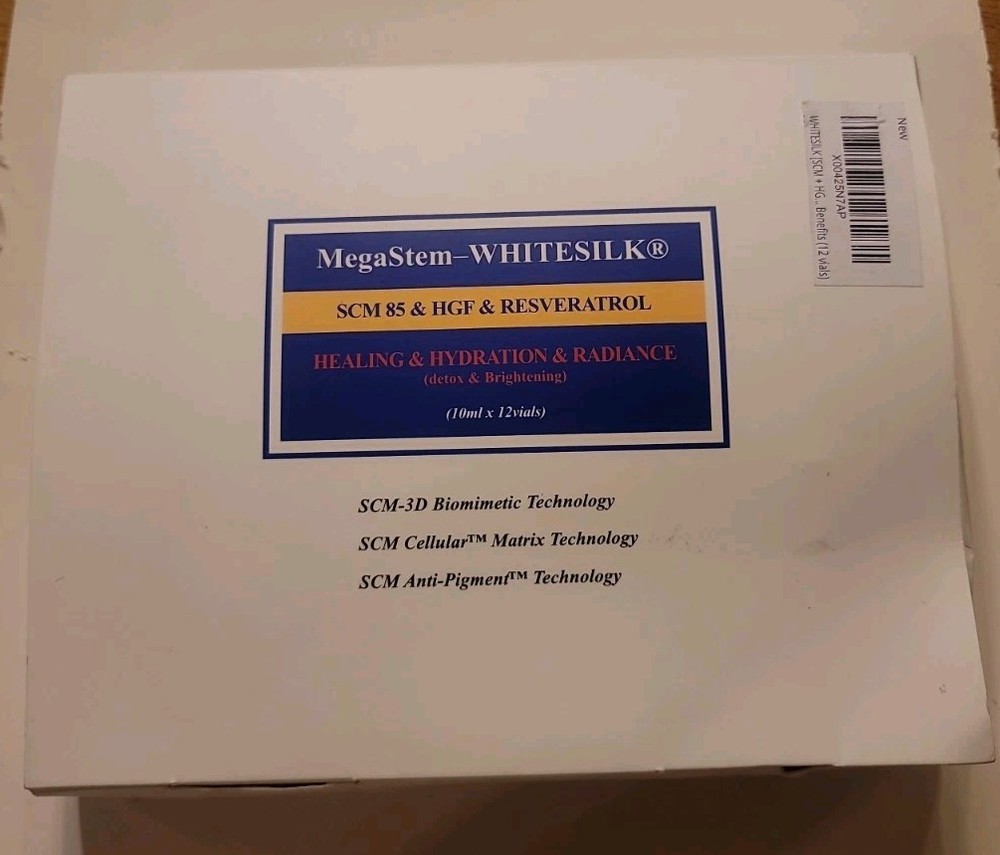 MegaStem-WHITESILK serum featuring SCM 85, HGF, and Resveratrol AS PICTURED