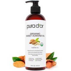PURA D’OR Dor Sweet Almond Oil 100% Pure USDA Organic 16 oz, for Face & Skin