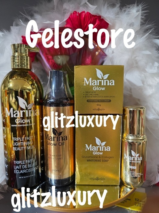 5pcs. Marina Glow super lightening beauty Milk, Soap, GLOWING oil, serum & face