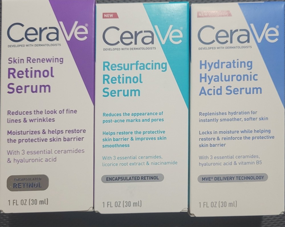 3pcs Cerave Skin Renewing/ Hydrating Hyaluronic/Resurfacing Retinol Serum 30ml.