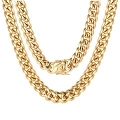 18K Yellow Gold Plated Cuban Link Chain Necklace 8mm-12mm Size 18″-24″