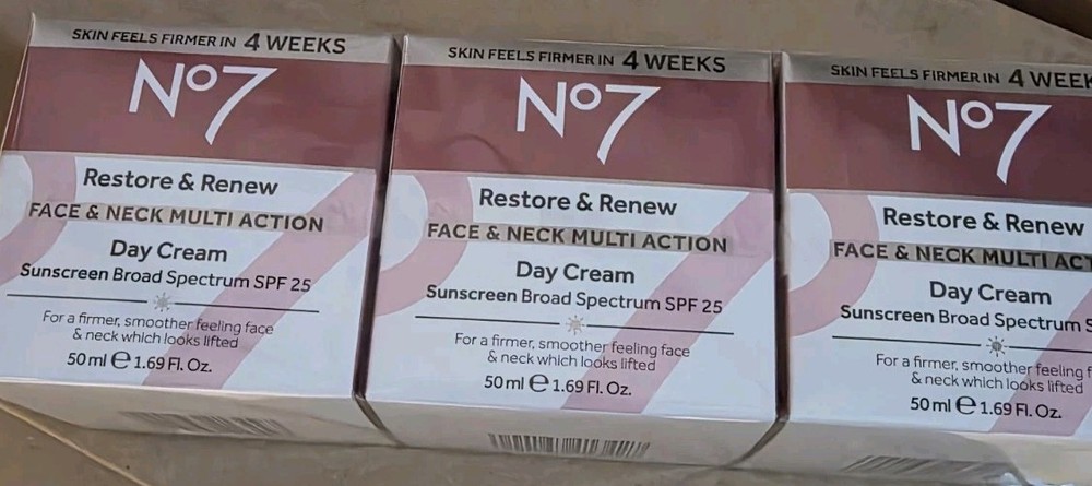 3 Pack No7 Restore and Renew Face and Neck Multi-Action Day Cream SPF 25 BULK